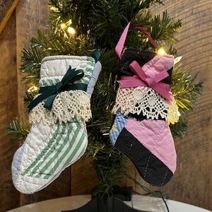 Set of 2 Handmade Quilted Miniature Christmas Stocking Ornaments